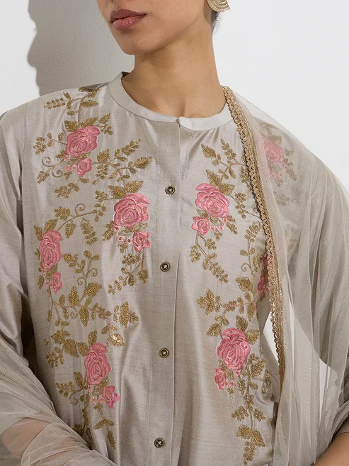 Vark Grey Floral A-Line Salwar Suit