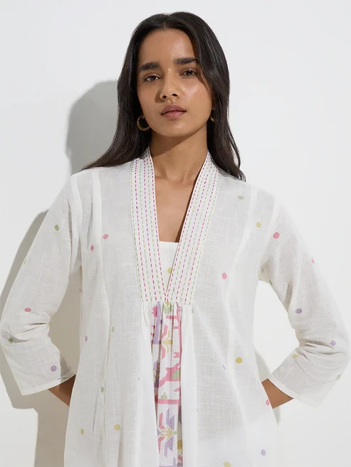 Utsa White Badla Printed Cotton A-Line Kurti
