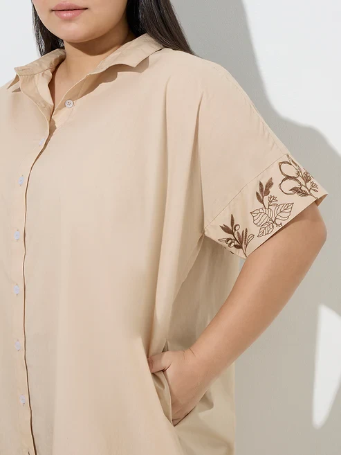 Diza Beige Floral Embroidered High-Low Cotton Kurti