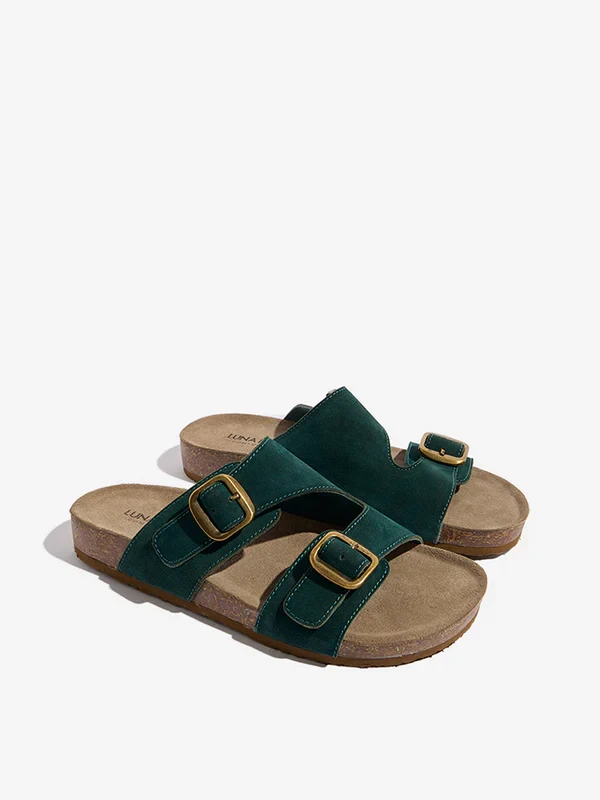 Luna Blu Dark Green Faux-Suede Slip-On Comfort Sandals