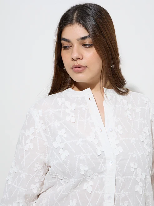 Diza White Floral Embroidered Cotton Ethnic Shirt